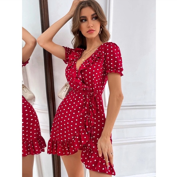 Red Mini Dress White Polka Dots Wrap, Ruffle Details Short Sleeve - Picture 4 of 7